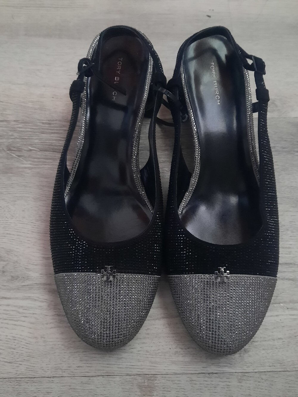 Tory Burch Black and Silver Crystal Slingback Heels